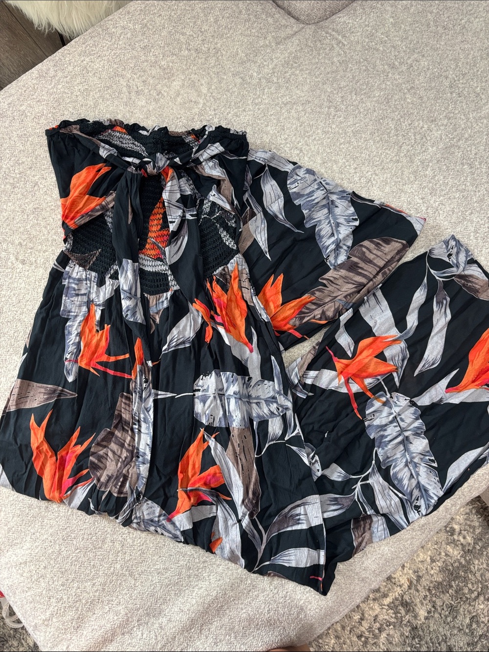 Black Floral-Print Strapless Jumpsuit